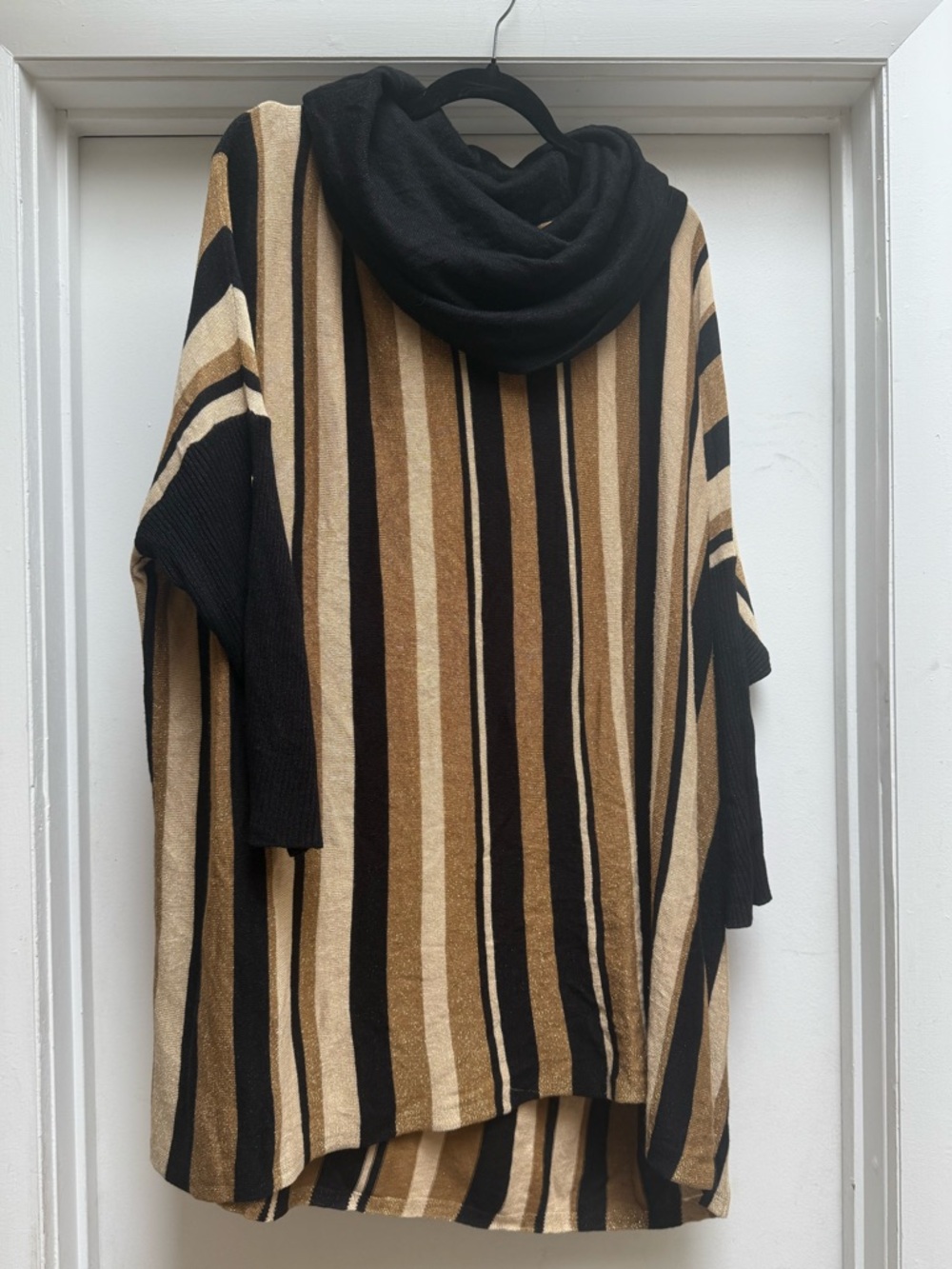 Joseph A Black and Gold Striped Cowl-Neck Poncho Sweater